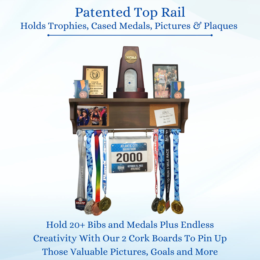 All-in-1 Medal Award Display - 23" Trophy Shelf, Bib Hanger, Plaque, Picture, Race Photo and Lanyard Medals. Patented Groove Design