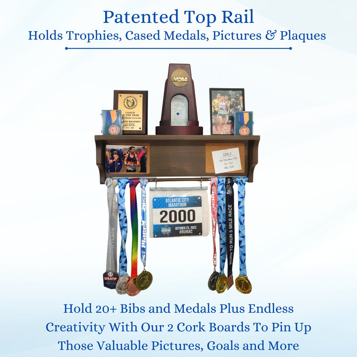 All-in-1 Medal Award Display - 23" Trophy Shelf, Bib Hanger, Plaque, Picture, Race Photo and Lanyard Medals. Patented Groove Design