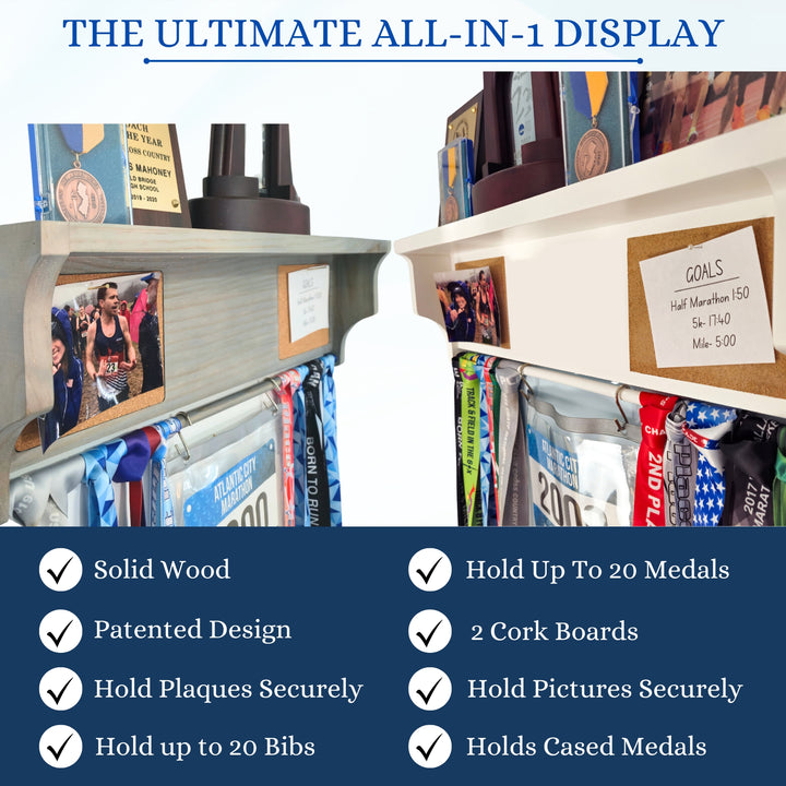 All-in-1 Medal Award Display - 23" Trophy Shelf, Bib Hanger, Plaque, Picture, Race Photo and Lanyard Medals. Patented Groove Design