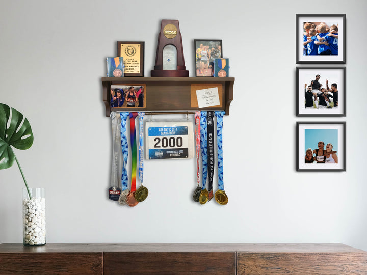 All-in-1 Medal Award Display - 23" Trophy Shelf, Bib Hanger, Plaque, Picture, Race Photo and Lanyard Medals. Patented Groove Design