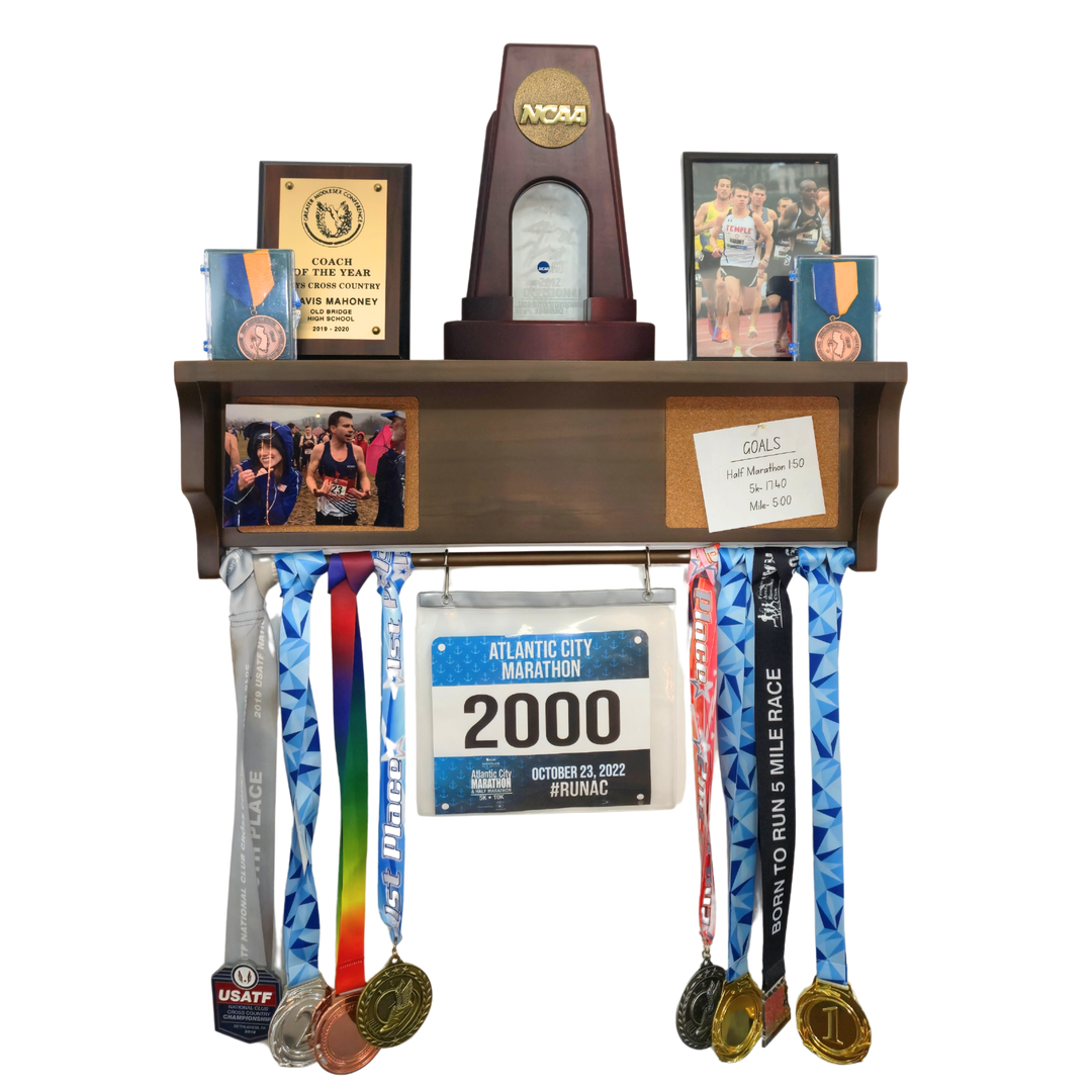 All-in-1 Medal Award Display - 23" Trophy Shelf, Bib Hanger, Plaque, Picture, Race Photo and Lanyard Medals. Patented Groove Design
