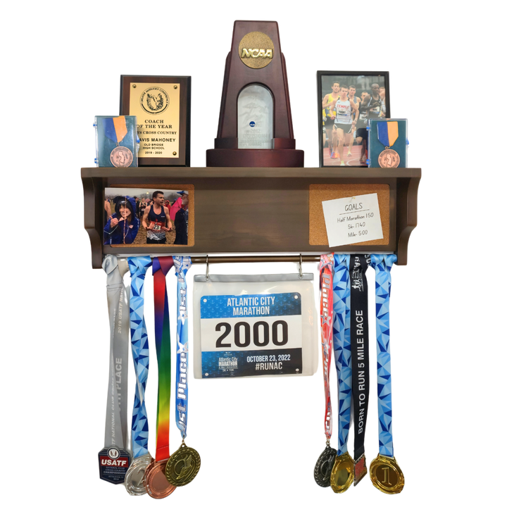 All-in-1 Medal Award Display - 23" Trophy Shelf, Bib Hanger, Plaque, Picture, Race Photo and Lanyard Medals. Patented Groove Design