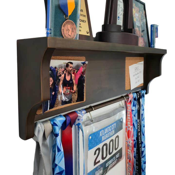 All-in-1 Medal Award Display - 23" Trophy Shelf, Bib Hanger, Plaque, Picture, Race Photo and Lanyard Medals. Patented Groove Design