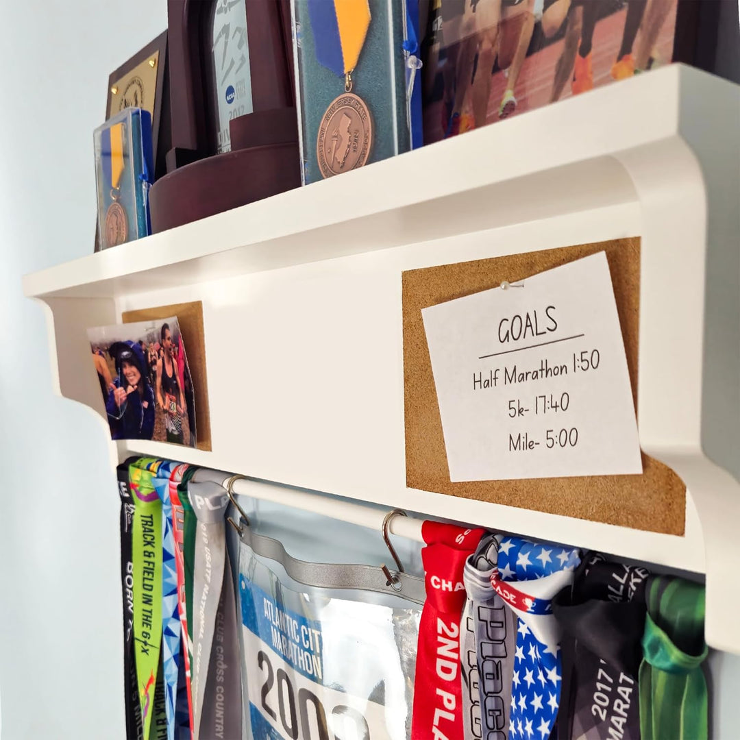 All-in-1 Medal Award Display - 23" Trophy Shelf, Bib Hanger, Plaque, Picture, Race Photo and Lanyard Medals. Patented Groove Design