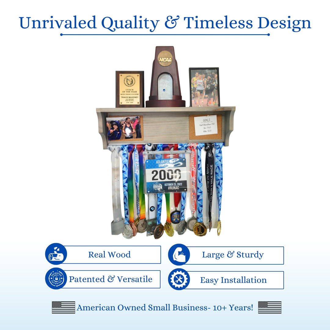 All-in-1 Medal Award Display - 23" Trophy Shelf, Bib Hanger, Plaque, Picture, Race Photo and Lanyard Medals. Patented Groove Design
