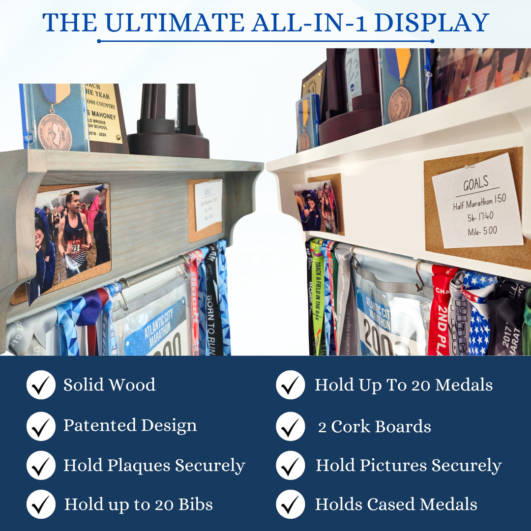All-in-1 Medal Award Display - 23" Trophy Shelf, Bib Hanger, Plaque, Picture, Race Photo and Lanyard Medals. Patented Groove Design