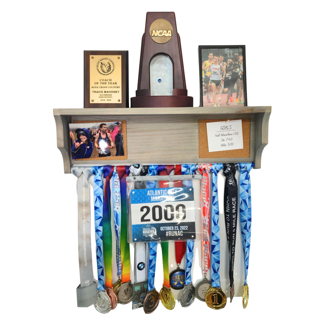 All-in-1 Medal Award Display - 23" Trophy Shelf, Bib Hanger, Plaque, Picture, Race Photo and Lanyard Medals. Patented Groove Design