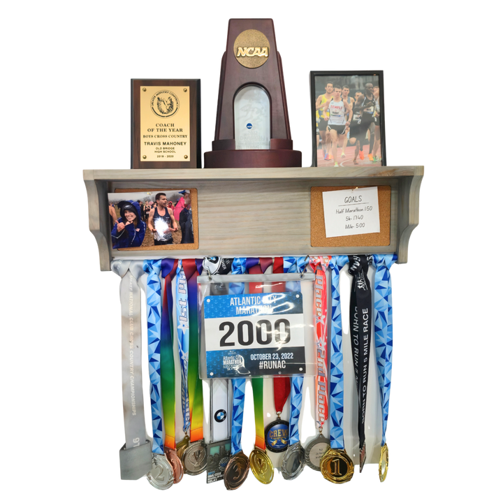 All-in-1 Medal Award Display - 23" Trophy Shelf, Bib Hanger, Plaque, Picture, Race Photo and Lanyard Medals. Patented Groove Design