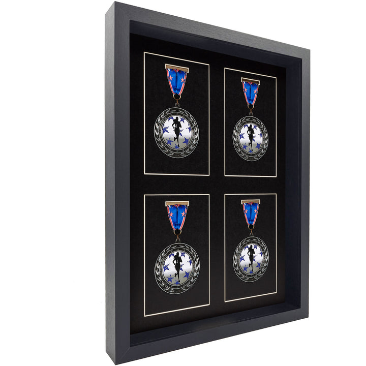 MedalAwardsRack Shadow Box Display (4 Medals) - Marathon, Triathlon, 5k, 10k, 4 x 4x6" openings for photos or Race Medals
