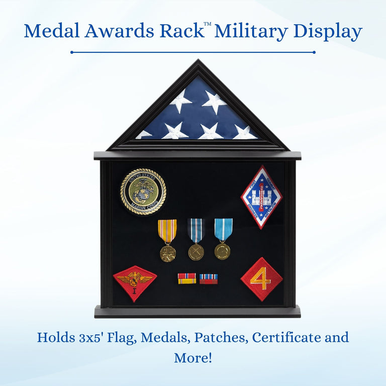 Military Shadow Box Display Case for Flag for American Veterans Fits Folded 3x5’ Flag, Certificate, Medal, Patches. Solid Wood and Glass.