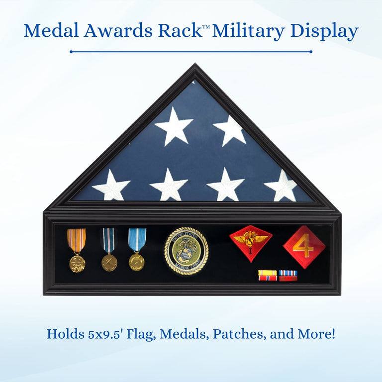 Military Shadow Box Display Case for Funeral Burial Flag for American Veterans Fits Folded 5x9.5’ Flag, Medal, Patches. Solid Wood and Glass.