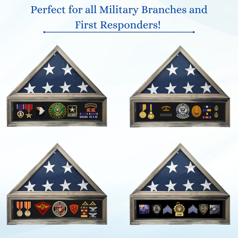 Military Shadow Box Display Case for Funeral Burial Flag for American Veterans Fits Folded 5x9.5’ Flag, Medal, Patches. Solid Wood and Glass.