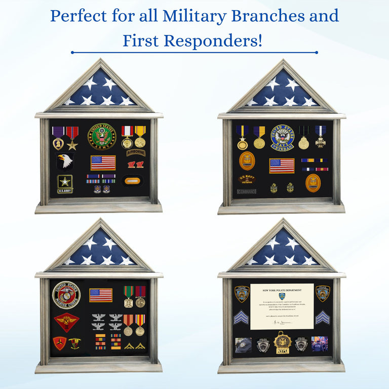 Military Shadow Box Display Case for Flag for American Veterans Fits Folded 3x5’ Flag, Certificate, Medal, Patches. Solid Wood and Glass.