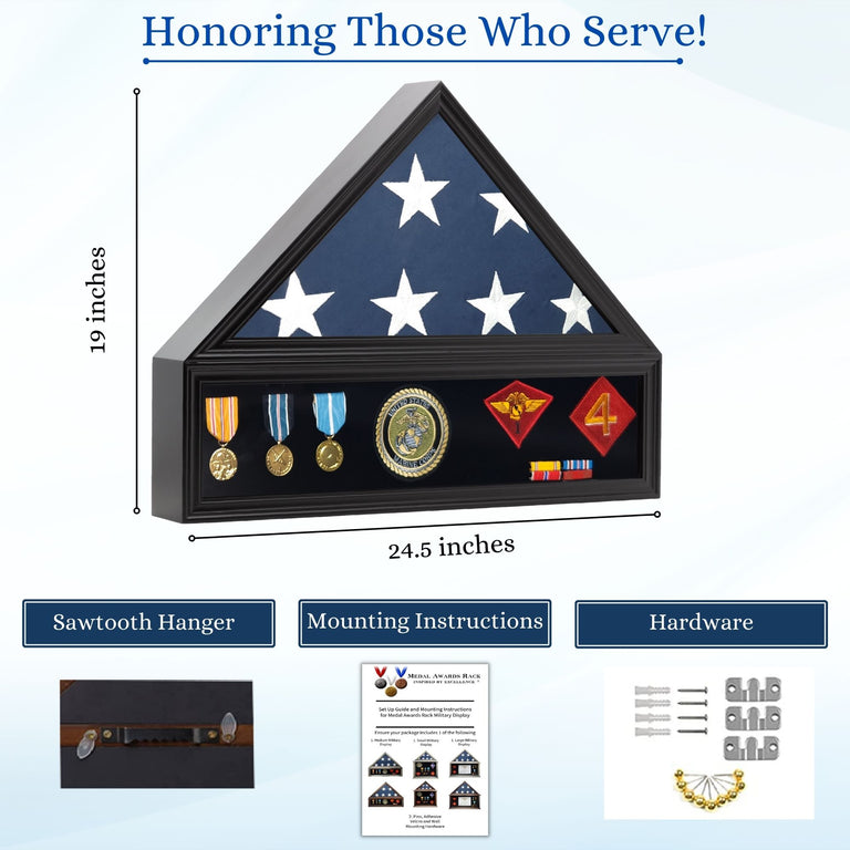 Military Shadow Box Display Case for Funeral Burial Flag for American Veterans Fits Folded 5x9.5’ Flag, Medal, Patches. Solid Wood and Glass.