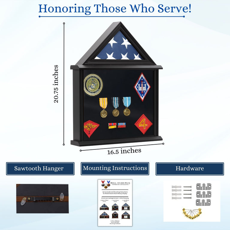 Military Shadow Box Display Case for Flag for American Veterans Fits Folded 3x5’ Flag, Certificate, Medal, Patches. Solid Wood and Glass.