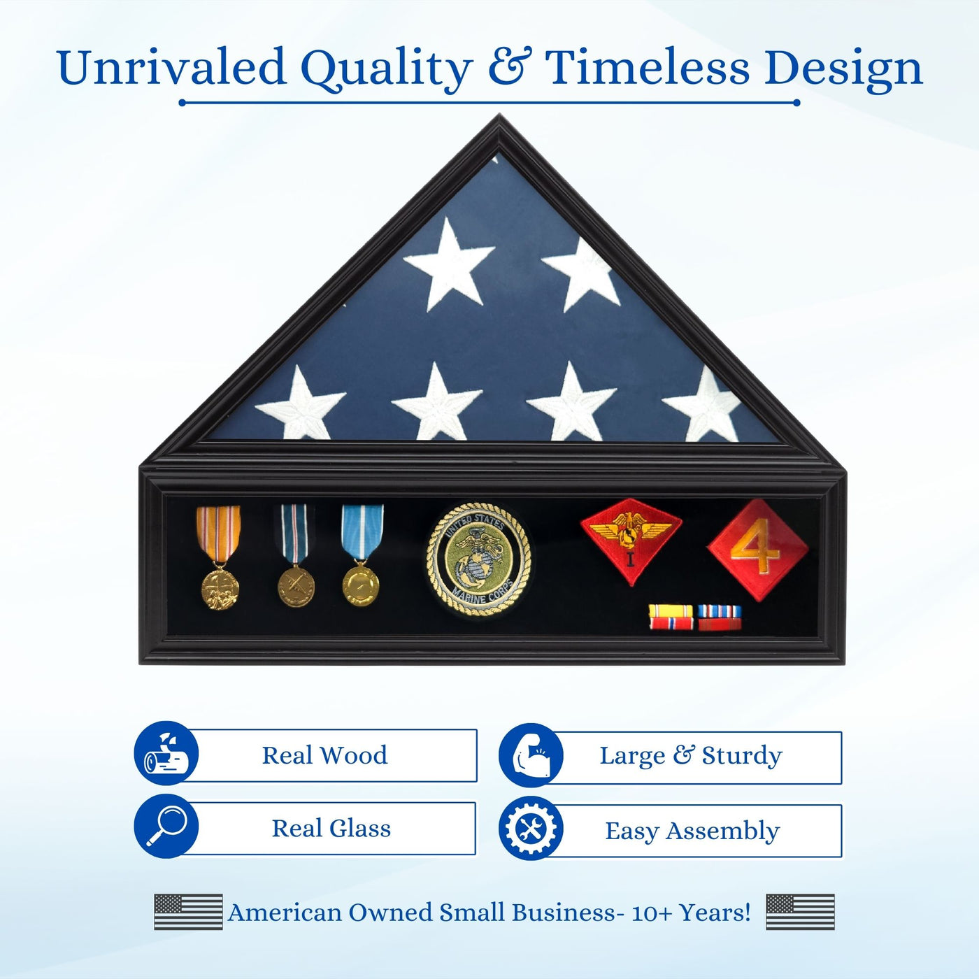 Military Shadow Box Display Case for Funeral Burial Flag for American Veterans Fits Folded 5x9.5’ Flag, Medal, Patches. Solid Wood and Glass.