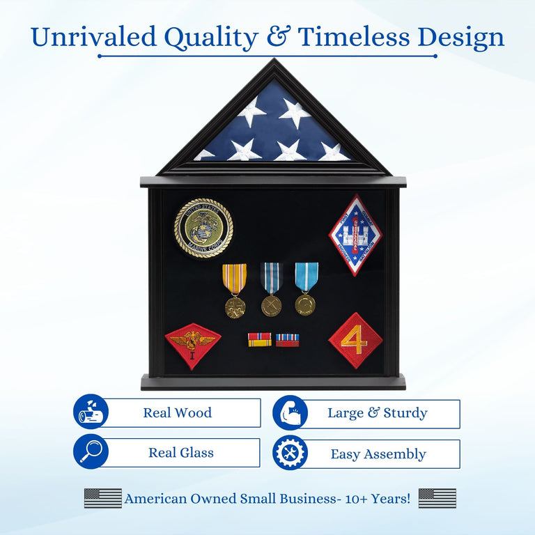 Military Shadow Box Display Case for Flag for American Veterans Fits Folded 3x5’ Flag, Certificate, Medal, Patches. Solid Wood and Glass.