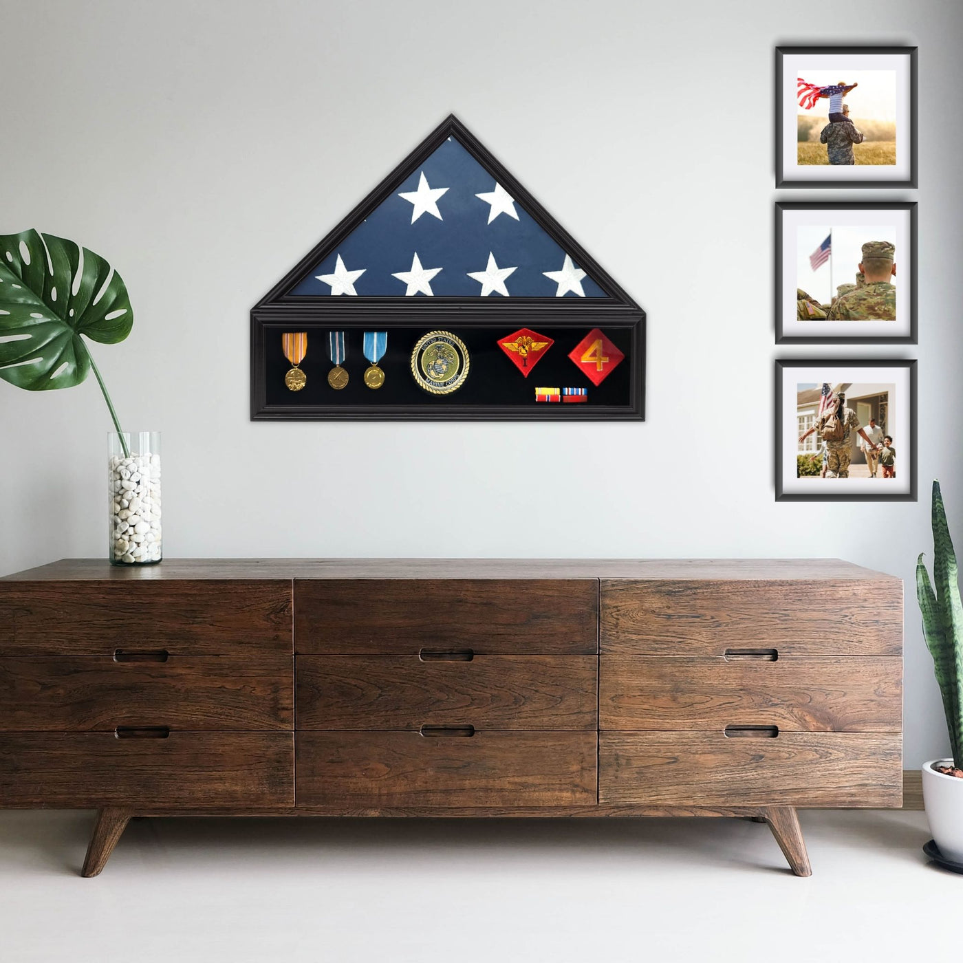 Military Shadow Box Display Case for Funeral Burial Flag for American Veterans Fits Folded 5x9.5’ Flag, Medal, Patches. Solid Wood and Glass.