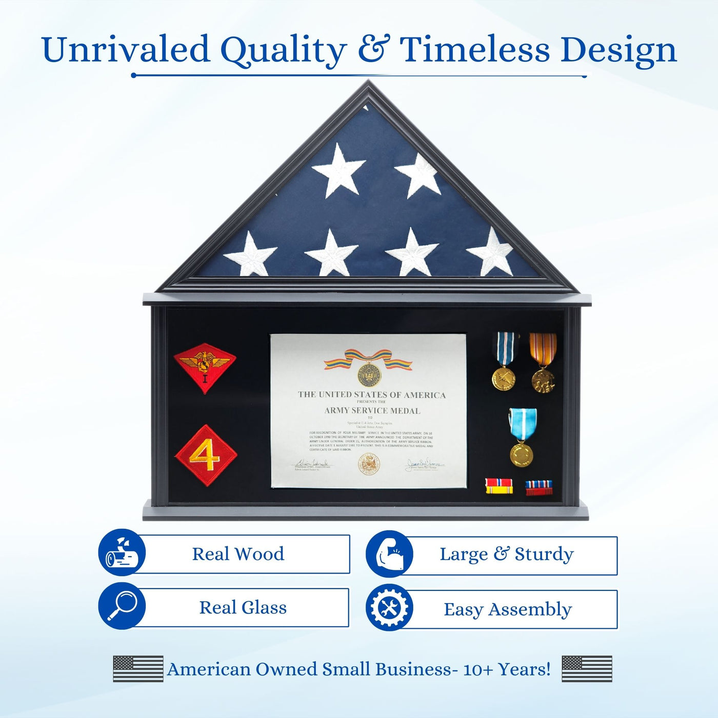 Large Military Shadow Box Display Case for Funeral Burial Flag, American Veterans Fits Folded 5x9.5’ Flag, Certificate, Medal, Patches. Solid Wood and Glass.
