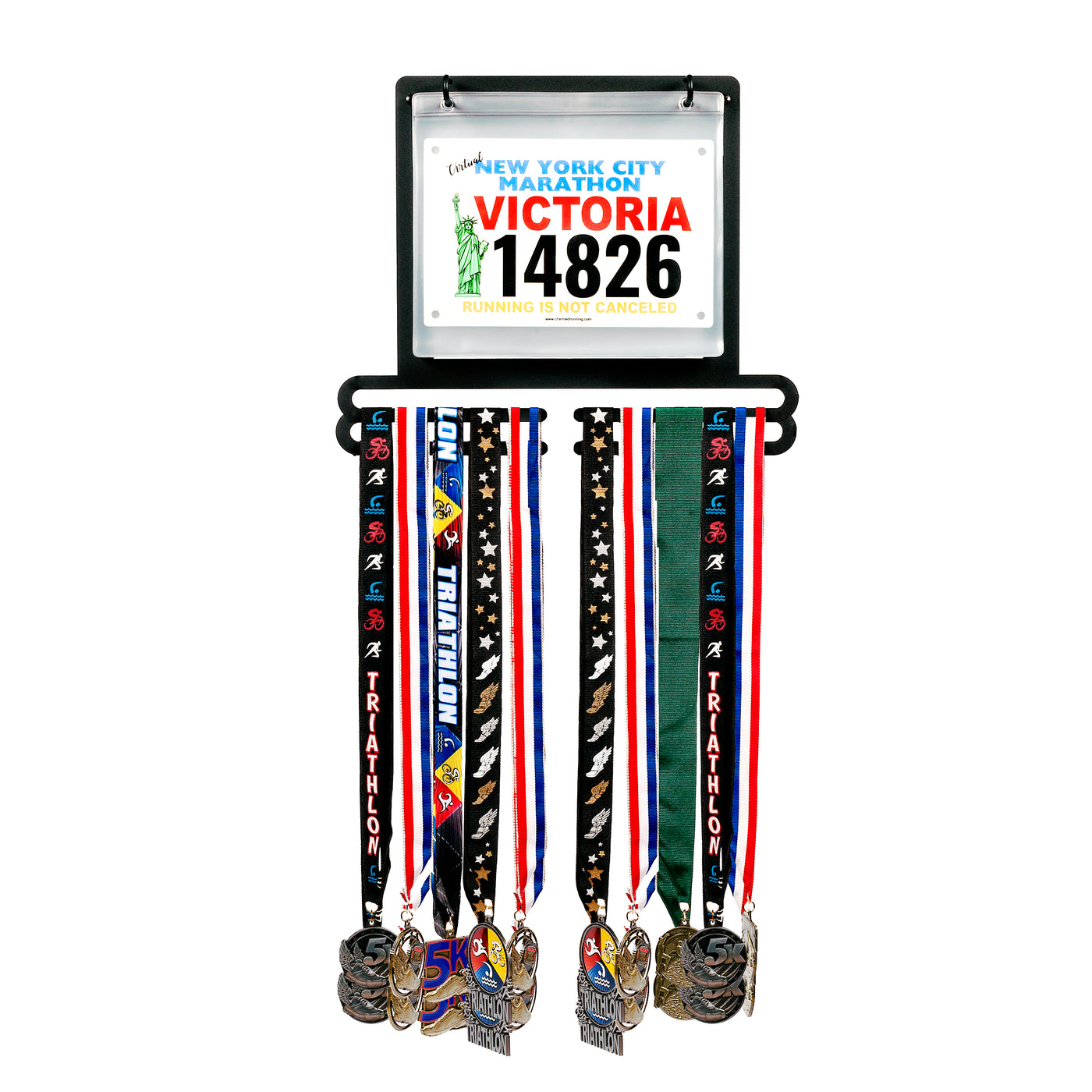 Medal Awards Rack Race Bib and Race Medal Hanger with Chalkboard, Display for Track, Marathons, Triathlons, Races, and More, Black