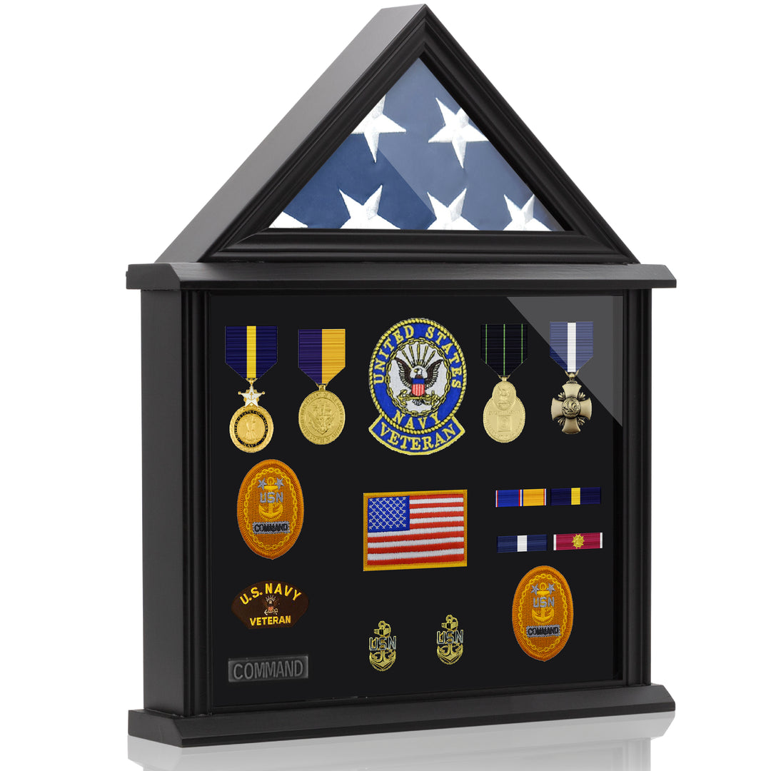 Military Shadow Box Display Case for Flag for American Veterans Fits Folded 3x5’ Flag, Certificate, Medal, Patches. Solid Wood and Glass.
