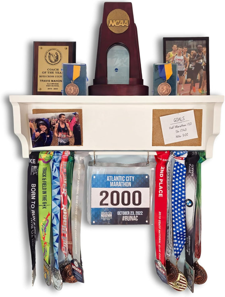 All-in-1 Medal Award Display - 23" Trophy Shelf, Bib Hanger, Plaque, Picture, Race Photo and Lanyard Medals. Patented Groove Design