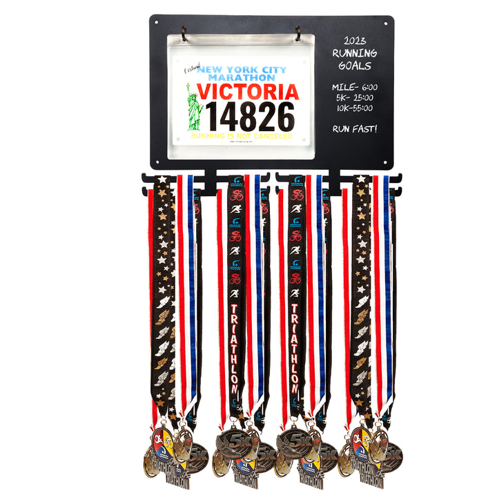 Medal Rack Racing Race Bib and Medal Display with Chalkboard- Perfect for Goal Setting ...