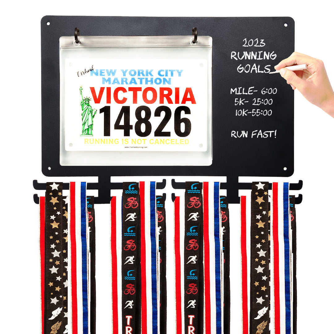 Display Bibs Race Bib and Medal Display with Chalkboard- Perfect for Goal Setting ...
