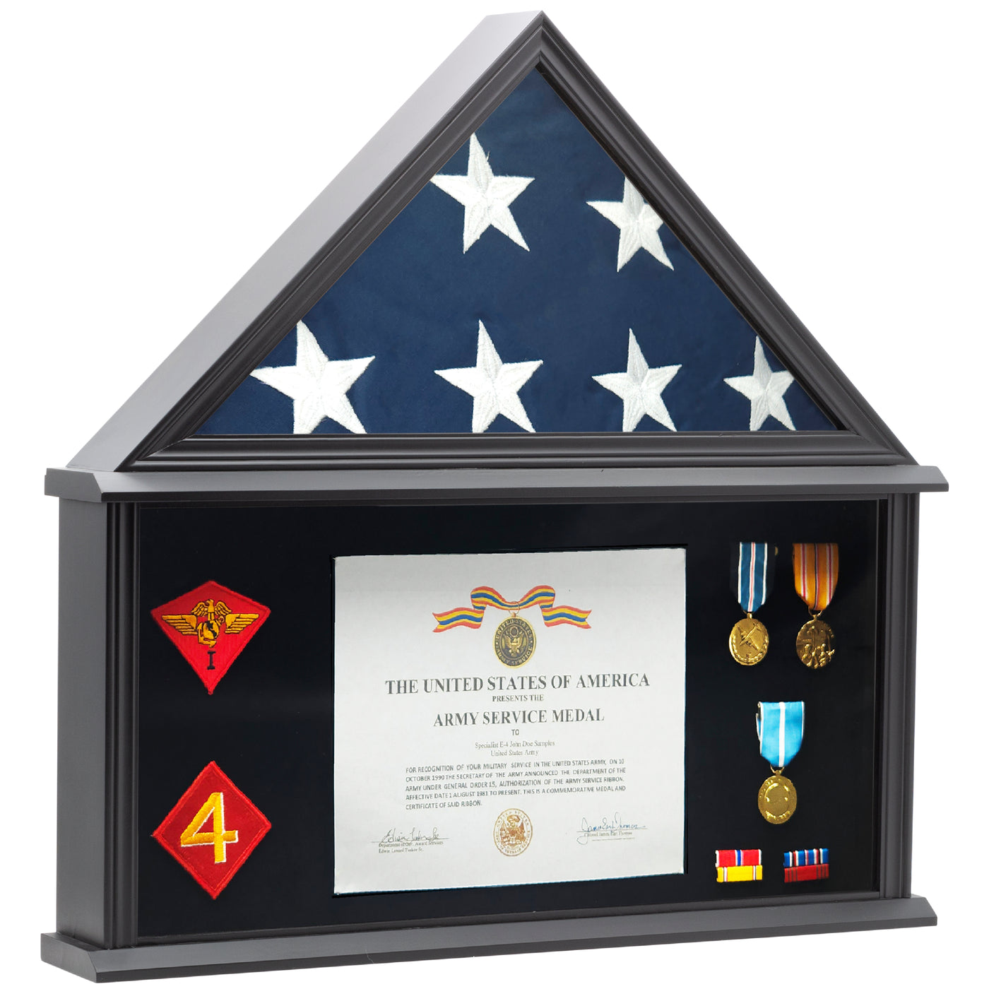 Large Military Shadow Box Display Case for Funeral Burial Flag, American Veterans Fits Folded 5x9.5’ Flag, Certificate, Medal, Patches. Solid Wood and Glass.
