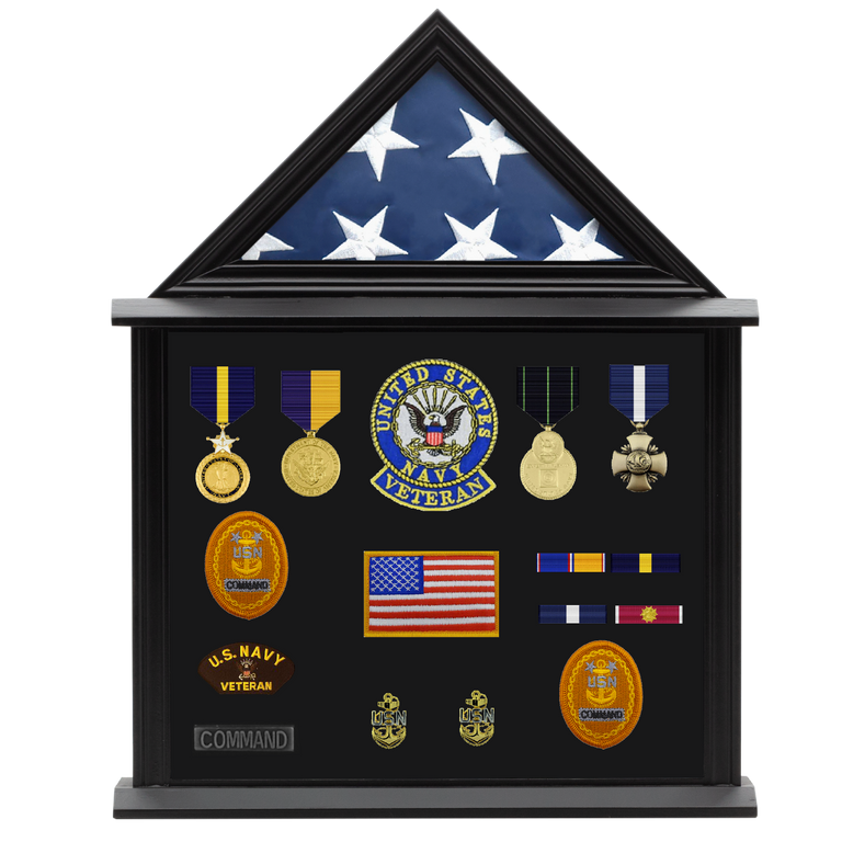 Military Shadow Box Display Case for Flag for American Veterans Fits Folded 3x5’ Flag, Certificate, Medal, Patches. Solid Wood and Glass.