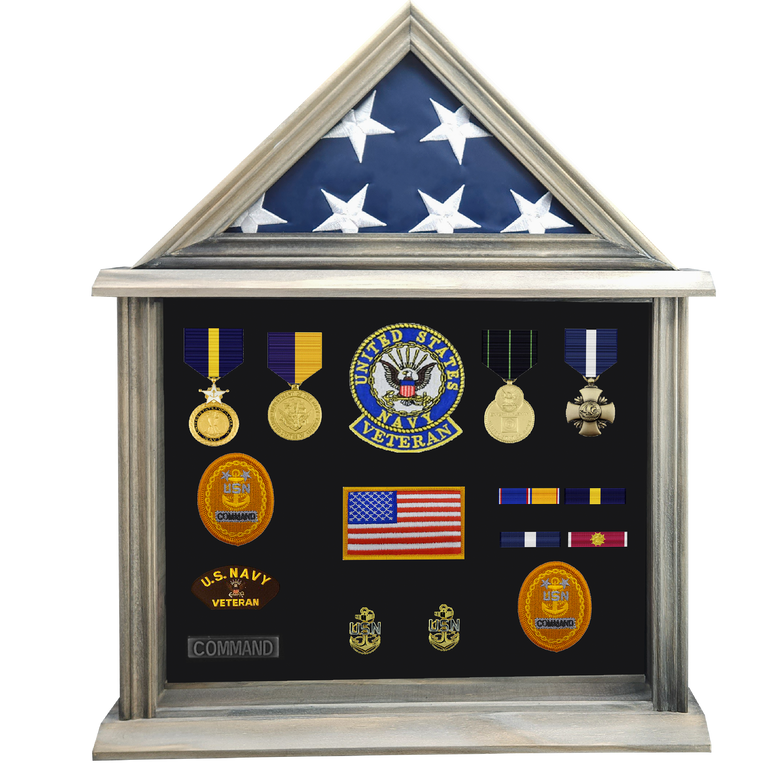 Military Shadow Box Display Case for Flag for American Veterans Fits Folded 3x5’ Flag, Certificate, Medal, Patches. Solid Wood and Glass.