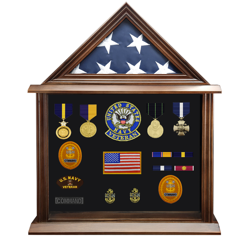 Military Shadow Box Display Case for Flag for American Veterans Fits Folded 3x5’ Flag, Certificate, Medal, Patches. Solid Wood and Glass.