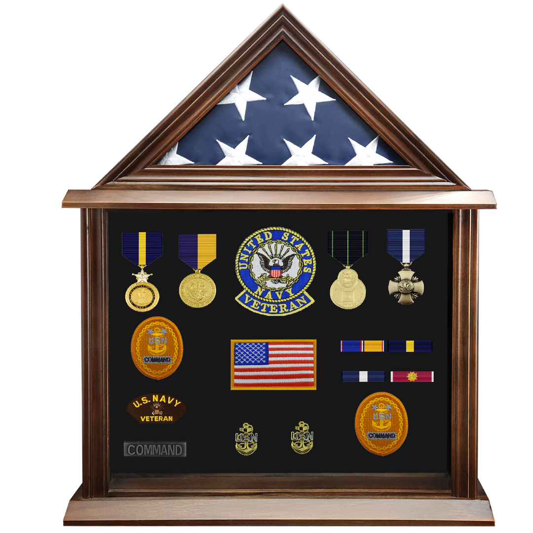 Military Shadow Box Display Case for Flag for American Veterans Fits Folded 3x5’ Flag, Certificate, Medal, Patches. Solid Wood and Glass.