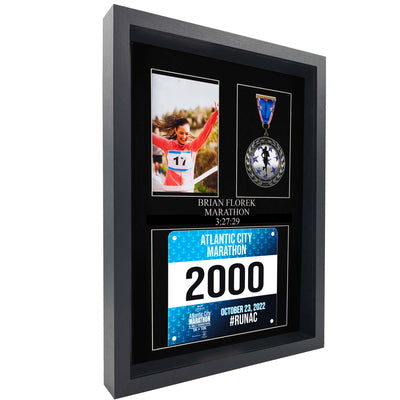 Personalized 3 in 1 Shadow Box Display (Medal, Race Bibs, and Photo) – Marathon and Triathlon Display