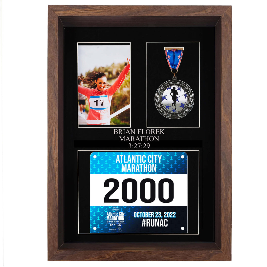 Personalized 3 in 1 Shadow Box Display (Medal, Race Bibs, and Photo) – Marathon and Triathlon Display