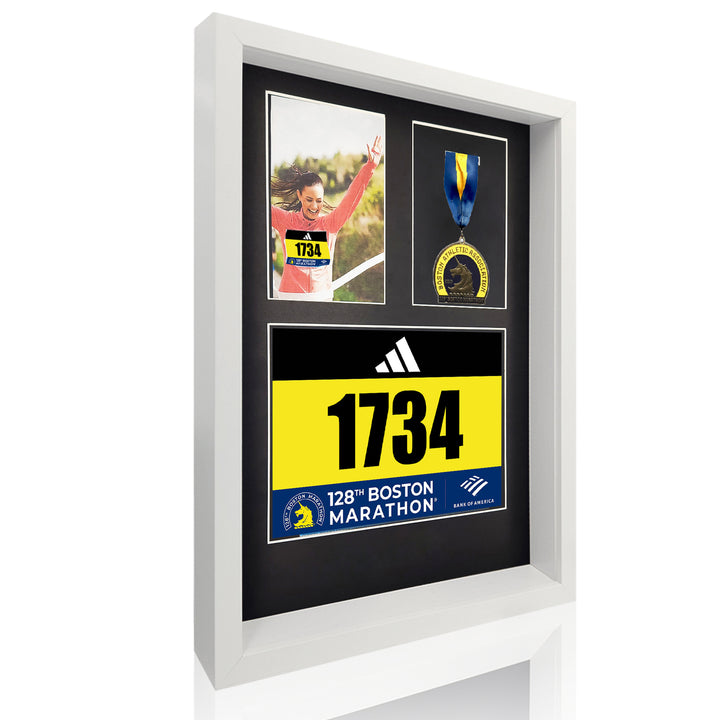 boston marathon medal and photo display