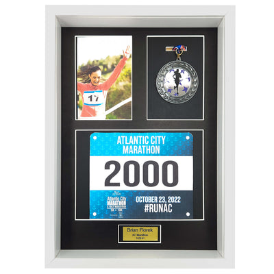 Brass Plate personalized 3 in 1 Shadow Box Display (Medal, Race Bibs, and Photo) – Marathon and Triathlon Display