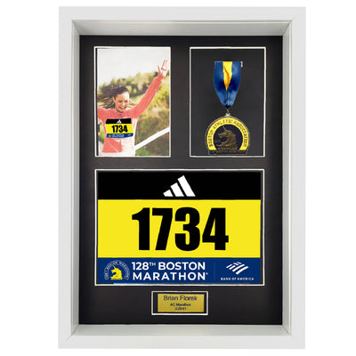 Brass Plate personalized 3 in 1 Shadow Box Display (Medal, Race Bibs, and Photo) – Marathon and Triathlon Display