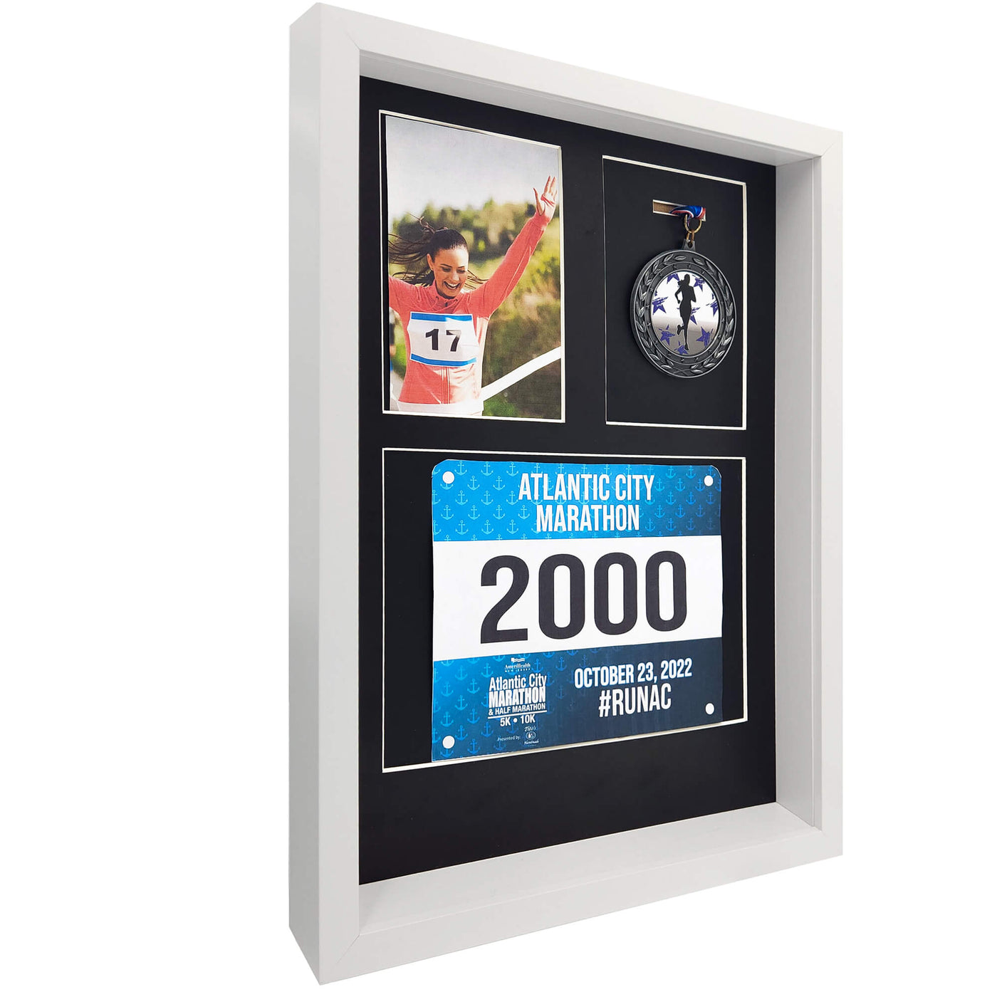 Medal display Frame with Apertures for Bib (21x15cm) & Photo. 3D Shadow  Box.